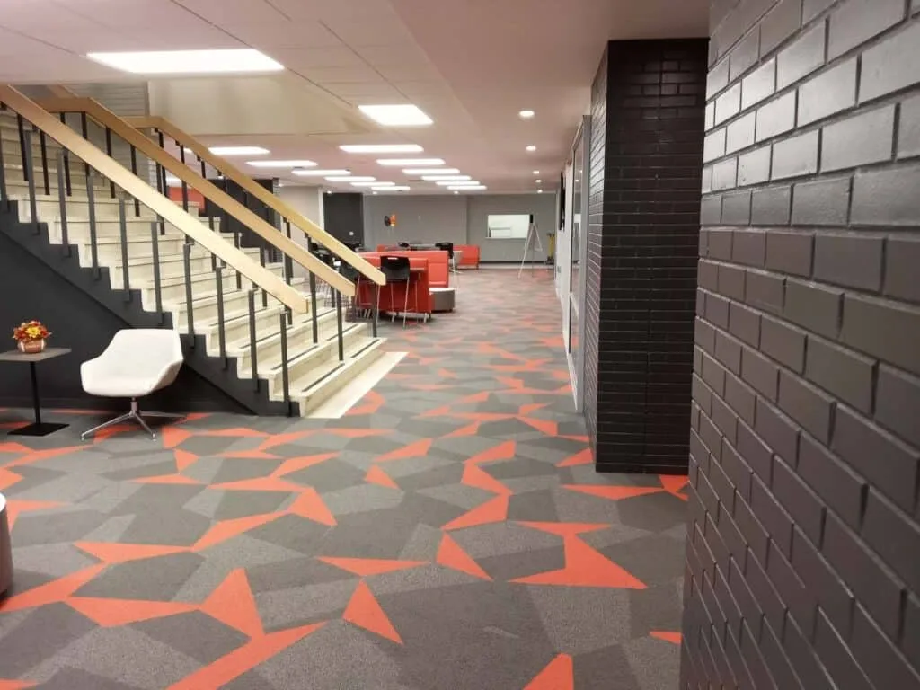 School commons with floating staircase