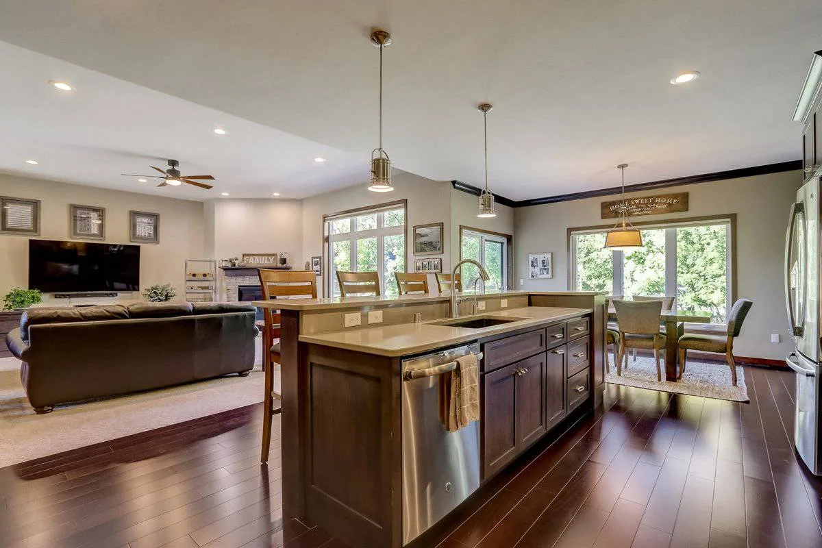 Open-concept kitchen and living